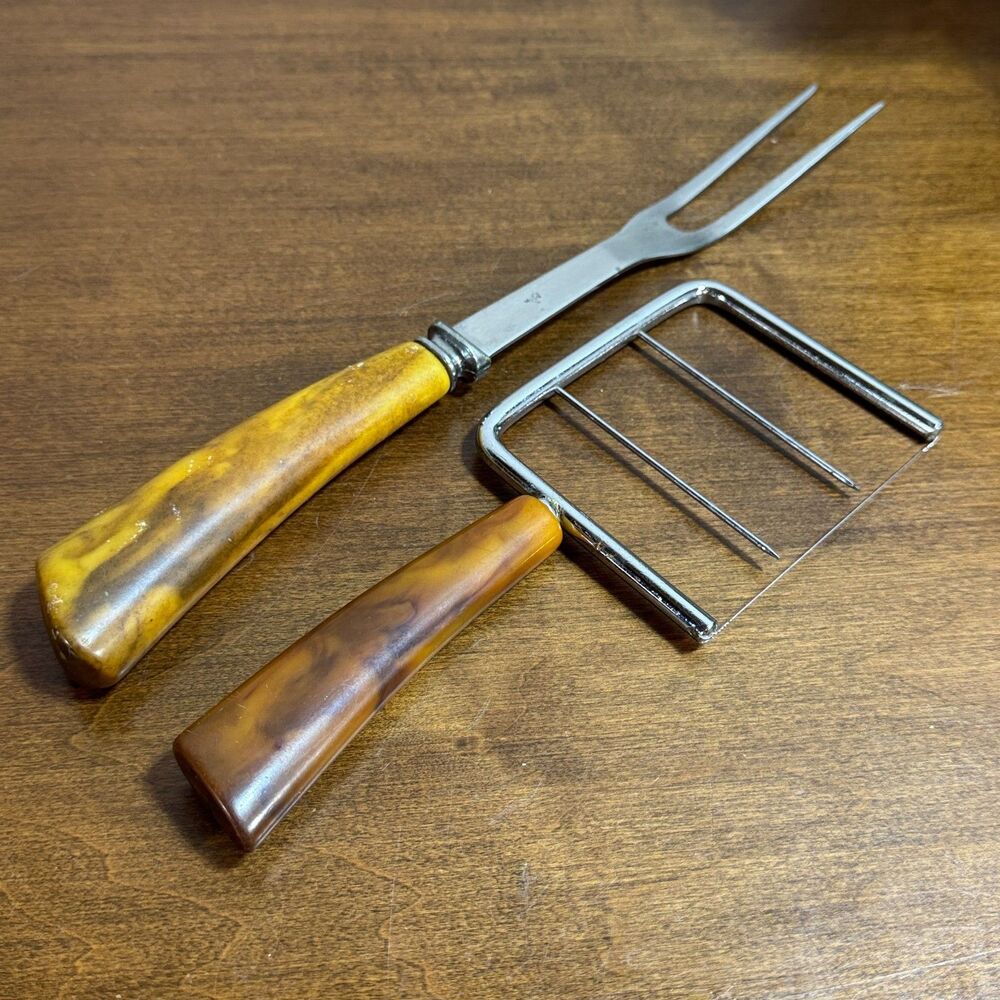 Vintage MCM Bakelite Cheese Slicer Meat Fork Butterscotch Swirl Handle Ridgemont